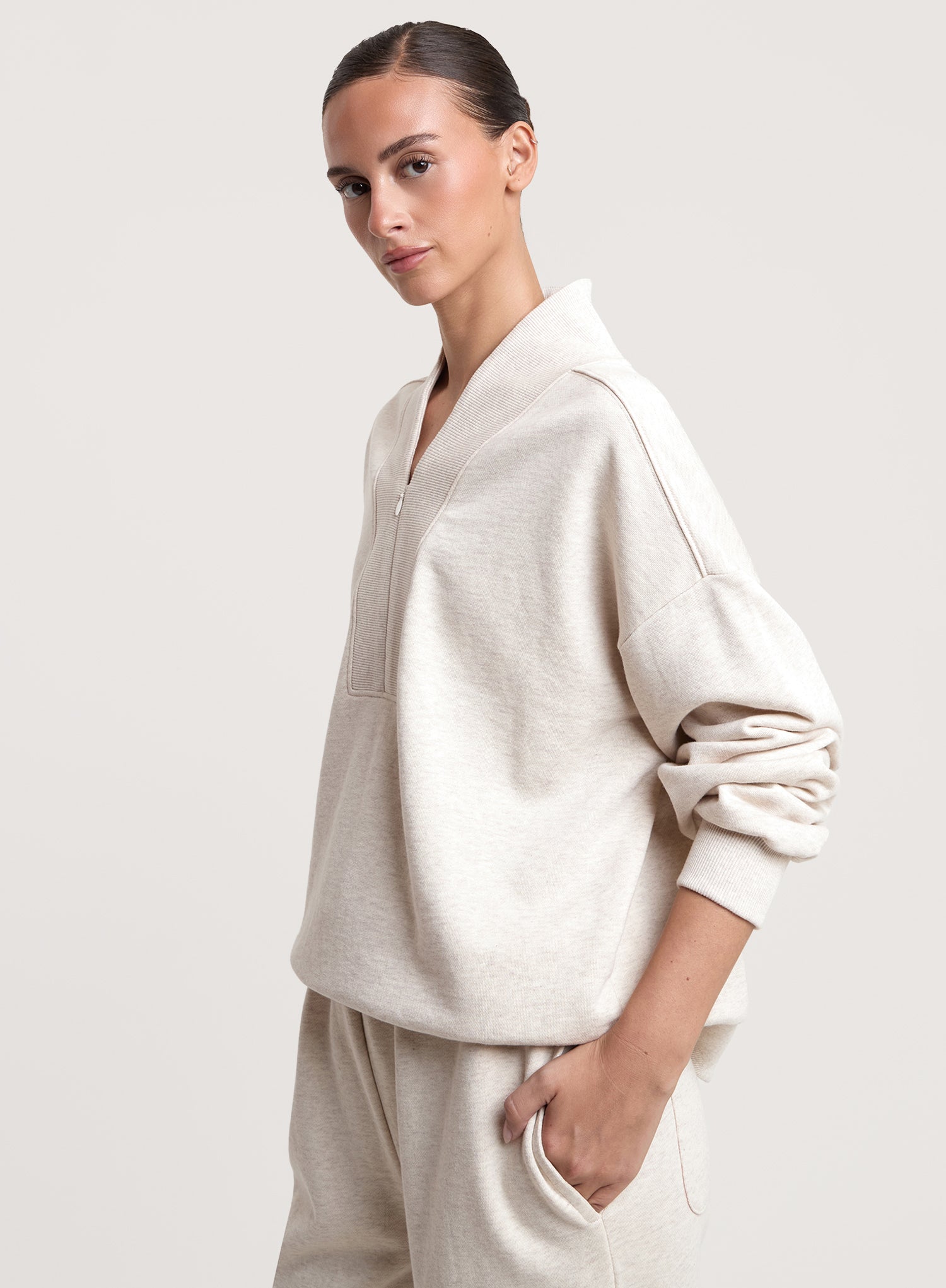 Oatmeal V-Neck Zip Detail Cotton Sweatshirt